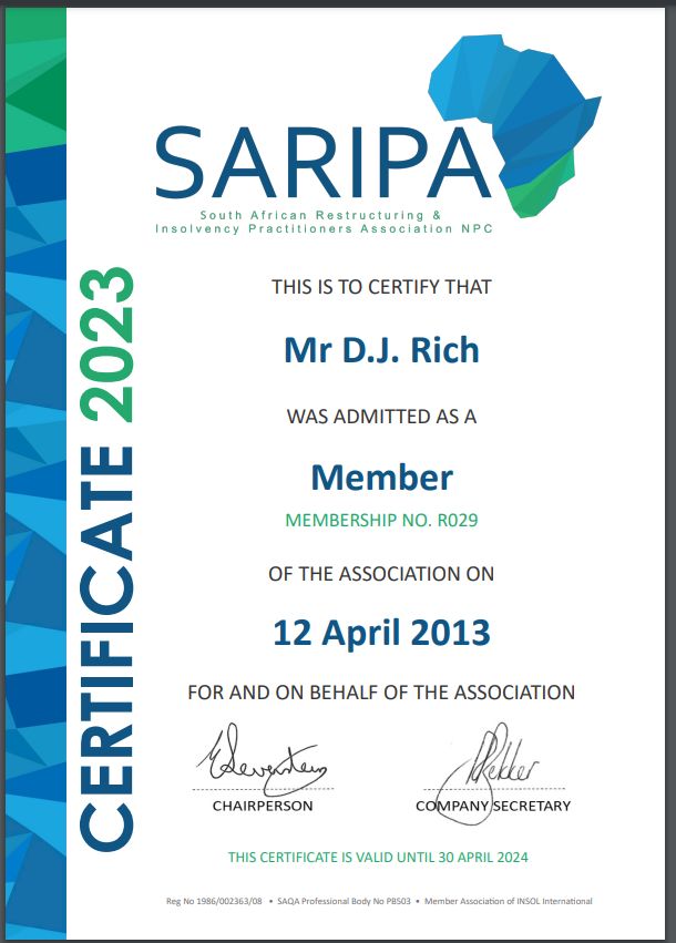 SARIPA Membership 2023/24 certificate for Dave Rich