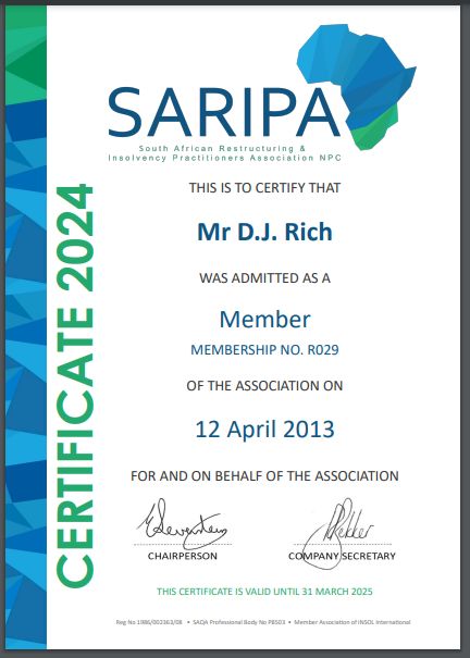 Dave Rich current membership certificate with SARIPA